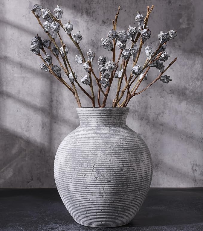 Ceramic Flower Vase Home Decor, 7.4 in Farmhouse Table Vases Retro Vintage Living Room Kitchen Bedroom Decoration Pottery Decorative Vases for Flowers House Shelf Office Desk Dining Entryway, Grey