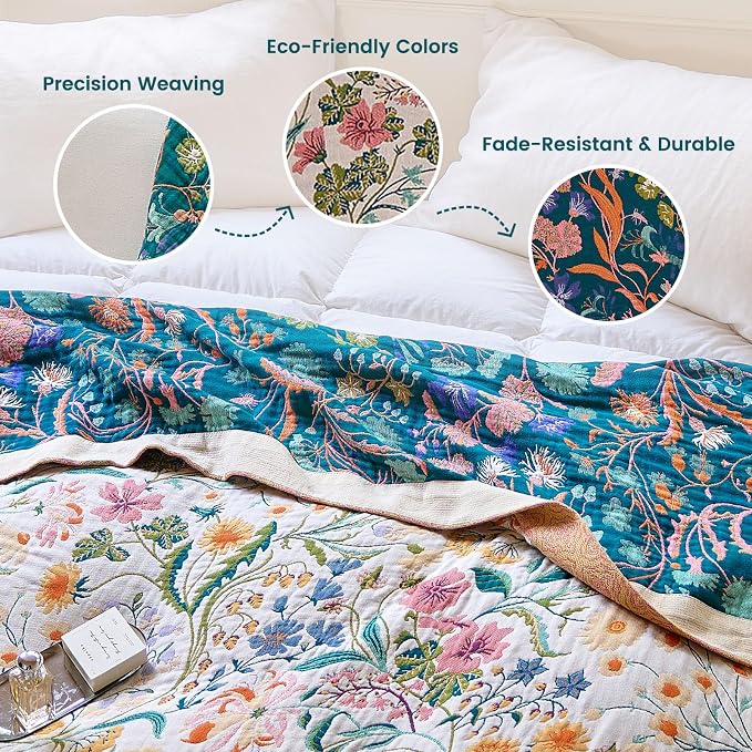 MSGKV Boho Throw Blanket 60"x80" Cotton Floral Blanket for Couch Bed Decor | 100% Cotton Throw, Colorful Floral, Reversible Blanket, Breathable Lightweight, Road Trip Blanket, Machine Washable