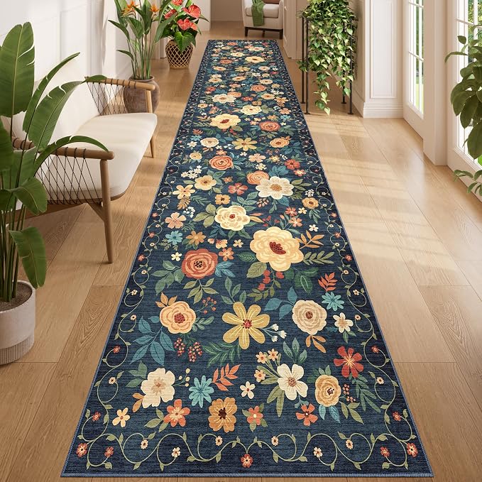 DUKINO 3x14 Washable Runner Rug, Non Slip Kitchen Runner Rug, Navy Blue | Soft, Low Pile, Floral Indoor Long Carpet Runner for Hallway, Entryway, Bedroom, Bathroom, Laundry, Pet Friendly, Home Decor