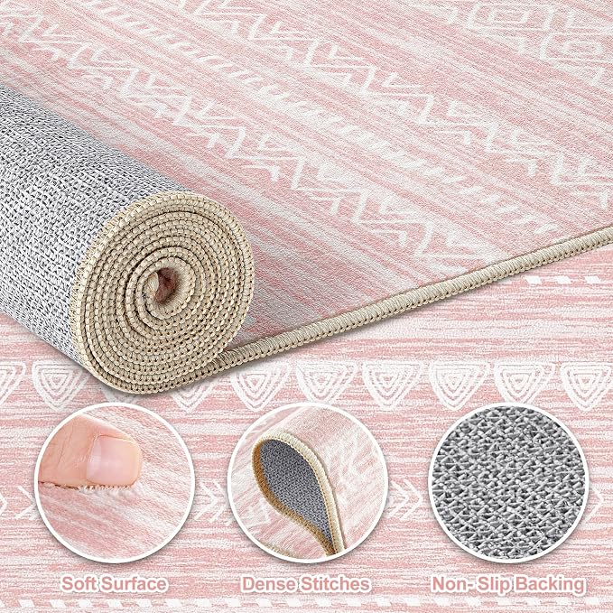 Nakagishi Boho 7x9 Area Rug Living Room Rugs Machine Washable Pink | Soft, Pet & Kid Friendly, Carpet for Living Room/Bedroom/Office/Kitchen/Nursery, Daily Home Decor Stain Resistant Moroccan