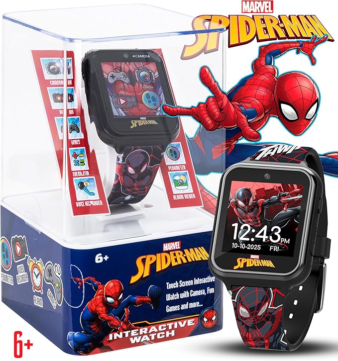 Marvel Spider-Man Kids Smart Watch – Touchscreen Interactive Watch with 10 Customizable Clock Faces, Built-in Camera, Video Recorder, Alarm, Calculator, Games & Pedometer – Fits Wrists 5.5" to 8"