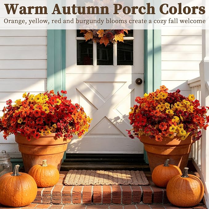 ColoPlay 20 PCS Artificial Mums for Outdoors Faux Flowers Eucalyptus Leaves | Artificial Mums for Outdoors/Indoors Fake Plants Eucalyptus Leaves, Fall Flowers for Decor Planters Boxwood Garden Porch Home