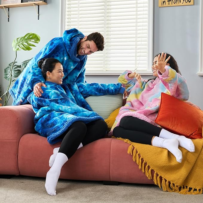 Giggling Getup Wearable Blanket Hoodie for Adults Gifts for Teen Girls Sister Women Sherpa Fleece Printed Hooded Blanket Sweatshirt Warm Cozy with Pocket & Sleeves Dark Blue Tie Dye