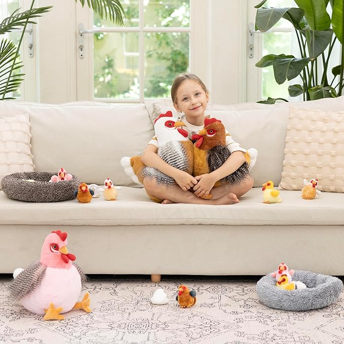 MaoGoLan 8Pcs Chicken Stuffed Animals, Stuffed Laying Hen Chicken Plush Toys with 3 Babies Chickens and 3 Eggs,1 Nest House Plush Set, Cute and Soft Farm Stuffed Animals Gift for Kids,Girls,Boys,Pink
