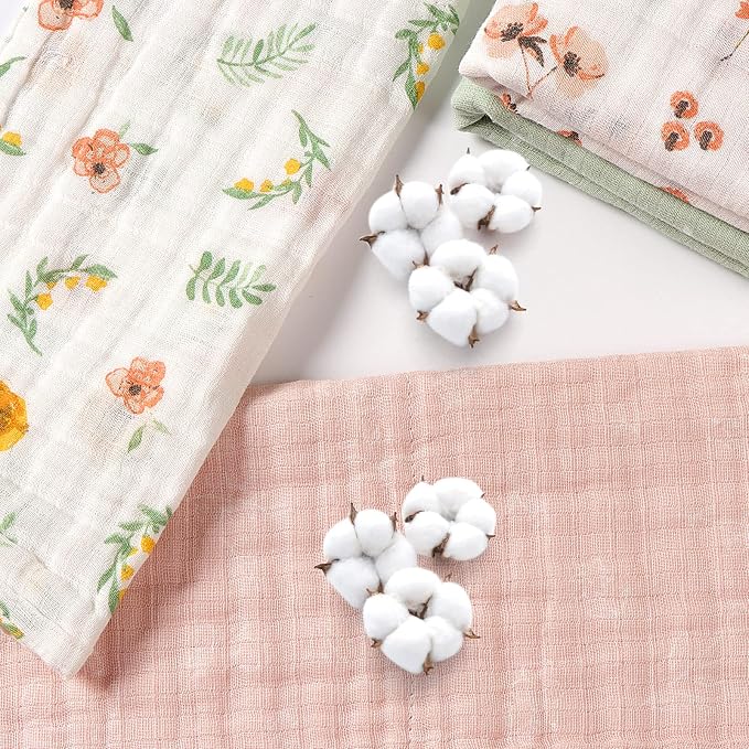 Viviland Baby Muslin Burp Cloths, 100% Cotton Super Absorbent Washcloths for Baby Girl and Boy, 10 x 20 inches 6-Layer Baby Bath Towels, Floral Pattern 4 Pack