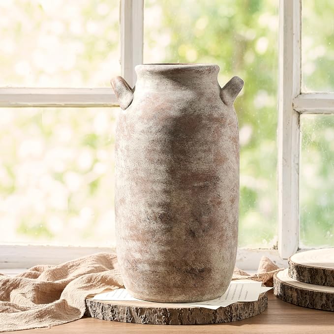 Large Flower Vase Home Decor - Tall Ceramic Farmhouse Rustic Table Vases with Handle Living Room Decoration Decorative Modern Pottery for Floor Kitchen Shelf Coffee Dining Desk Fireplace (12" Retro)