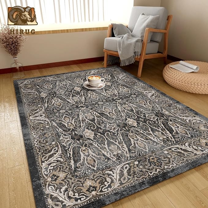 Washable Area Rug 4' x 6' Vintage Traditional Persian Mat - Foldable Distressed Non-Slip Machine Washable Carpet for Living Room Bedroom Kitchen Home Decor - Ebony and Taupe
