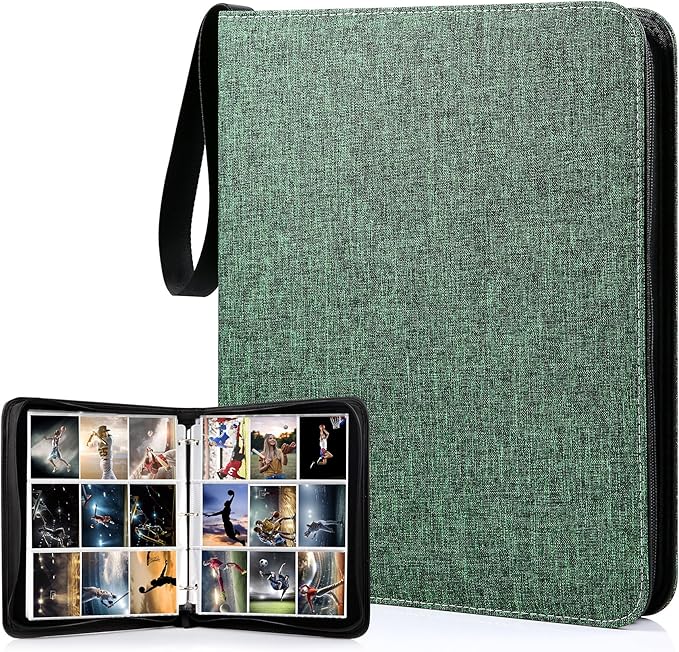 WOT I Trading Card Binder, 900 Pockets Collection Card Binder Sleeves with Polyester Fabric Cover&Zipper, Double Sided Pockets Card Holder Carry Card Case for Standard Size Cards - Green