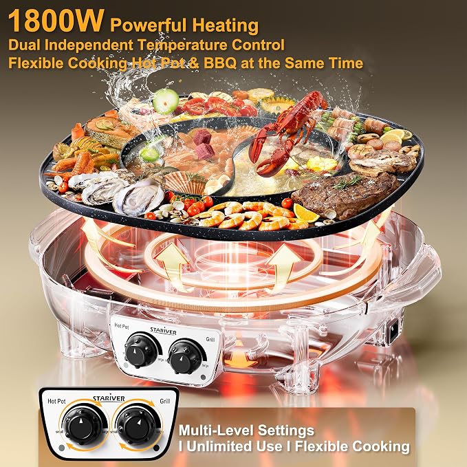 Stariver Hot Pot Electric with Grill 2 in 1, Korean BBQ & Shabu Shabu Pot | Smokeless Indoor Grill, Non-Stick, 1800W Fast Heating, Dual Temp Control, Perfect for Family Dinner, Friends Party, Holiday