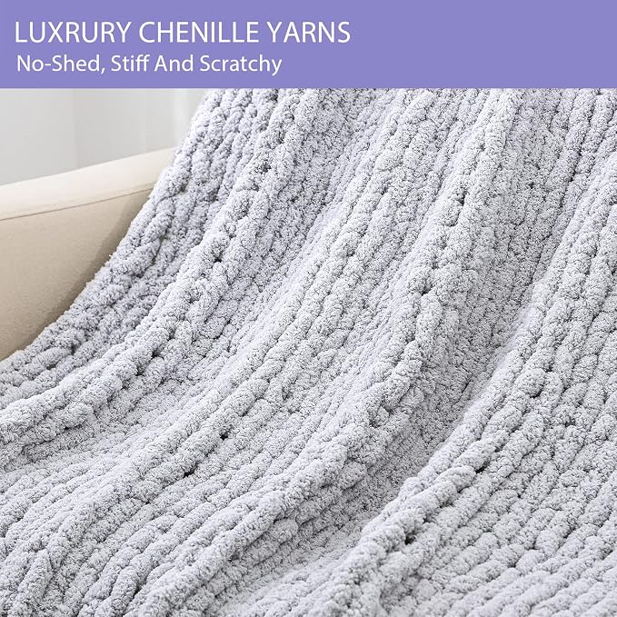 Bigacogo Chunky Knit Throw Blanket for Couch, 40x80 inches, Light Grey | Hand Knit with Jumbo Chenille, Soft Breathable Cable Knit for Sofa Bed Living Room, Machine Washable, Gift for Mom Friend