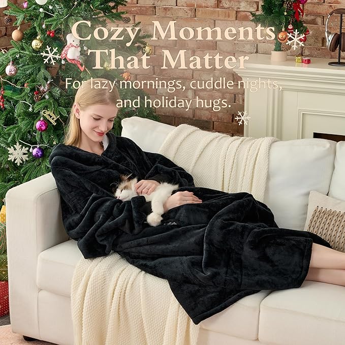 Krifey Big & Tall Wearable Blanket Hoodie with Cat Pocket, Extra Long Oversized Fleece Blanket for Adults, Cozy Birthday Gifts, Christmas Gifts