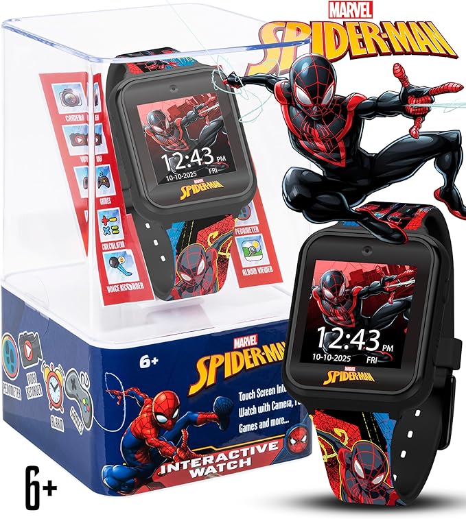 Spider-Man Kids LED Smartwatch with 10 Watch Faces, Flashing LED Bezel, Step Counter, Selfie and Video Camera, Timer, Stopwatch, Alarm, Calculator, Fun Games, and 3 Wallpapers – Fits Wrists 5.5"-8.0"
