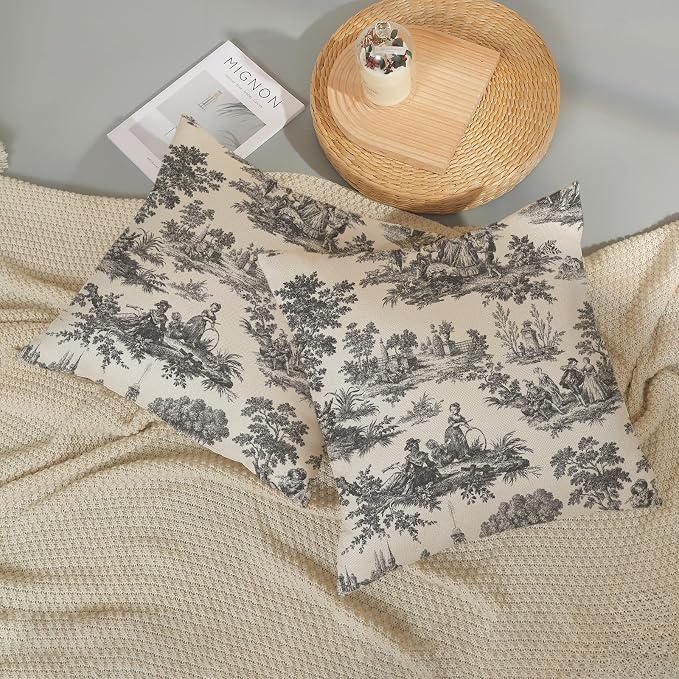 French Country Pillow Covers 18x18 Set of 2 Vintage Black Grey Toile Throw Pillows Outdoor French Country Decorative Pillow Cases Rustic Cottage Farmhouse Cushion Case for Couch Sofa Decor