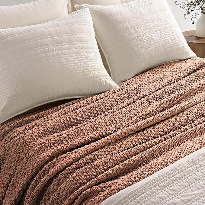 EVERGRACEHOME Chunky Chenille Knit Throw Blanket, 90 x 90, Terracotta Clay | Sculpted Moss Stitch, Chic Modern Farmhouse, All-Season Warmth, OEKO-TEX® Certified, Oversized Queen for Couch, Bed, Sofa