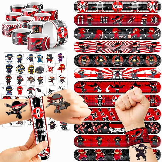 72PCS Ninja Party Favors for Kids - 48 Pre-cut Temporary Tattoos & 24 Slap Bracelets - Ninja Birthday Decorations, Classroom Prizes, Goodie Bag Gifts for Boys & Girls7