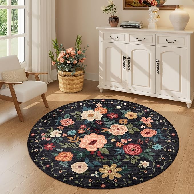 DUKINO 4ft Round Rug, Floral Washable Small Round Area Rug Non Slip, Black | Soft, Low Pile, Stain Resistant Indoor Circle Rug for Bedroom, Kitchen, Kids Room, Living Room, Pet Friendly, Home Decor
