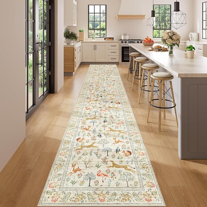 DUKINO 2.6x14 Runner Rug for Hallway, Washable Animal Rug Non Slip, Beige | Soft, Low Pile, Stain Resistant Indoor Long Runner Rug for Entryway, Kitchen, Bedroom, Bathroom, Pet Friendly, Non-Shedding