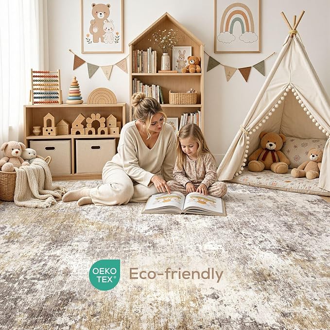 Nakagishi 10X14 Area Rugs for Living Room: Washable Modern Abstract Rug with Non-Slip Silicone Backing Low Pile Soft Carpet for Bedroom & Dining Decor Ideal for Families with Kids and Pets-Brown