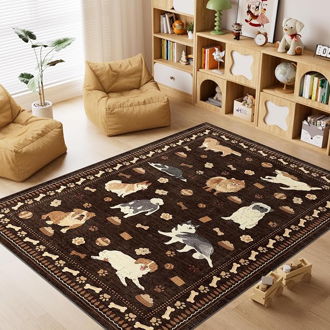 DUKINO 4x6 Area Rug, Washable Dog Rug for Living Room Non Slip, Brown | Low Pile, Stain Resistant, Soft Animal Carpet for Bedroom Office Dorm Dining Room Kids Room Farmhouse, Kid & Pet Friendly