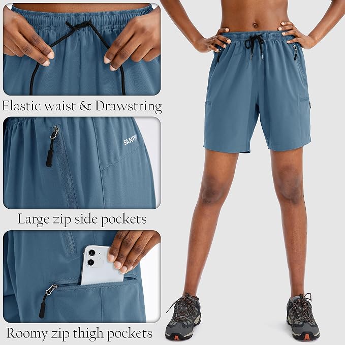SANTINY Women's 5''/ 7''/9'' Hiking Cargo Shorts Quick Dry Lightweight Summer Shorts for Women Athletic Golf Zipper Pockets
