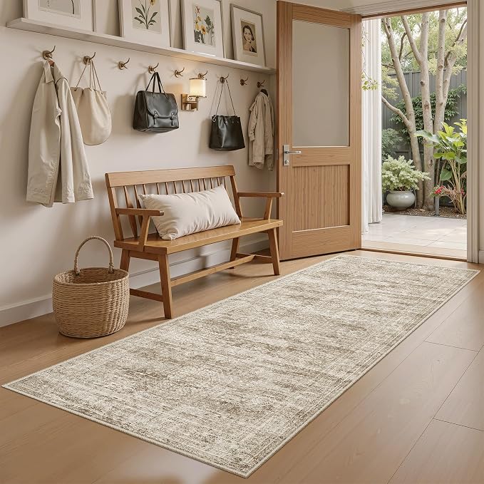 Soalmost Runner Rug 2x6 Washable Kitchen Hallway Runners Non-Slip Brown | Soft Low-Pile Rugs for Entry Bathroom Laundry Room, Vintage Foldable Floor Carpet Mat Entryway for Corridor Bedroom