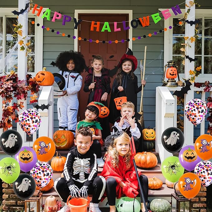 Pre-Strung 3D Felt Happy Halloween Banner - Reusable Happy Halloween Decoration Sign,Orange Purple Black Felt Ball Garland, Pom Pom Garland, Horror Party Decorations, Photo Prop