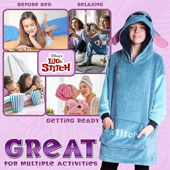 Disney Stitch Fleece Hoodie Blanket for Kids and Teenagers - One Size Fluffy Oversized Hoodie - Stitch Gifts
