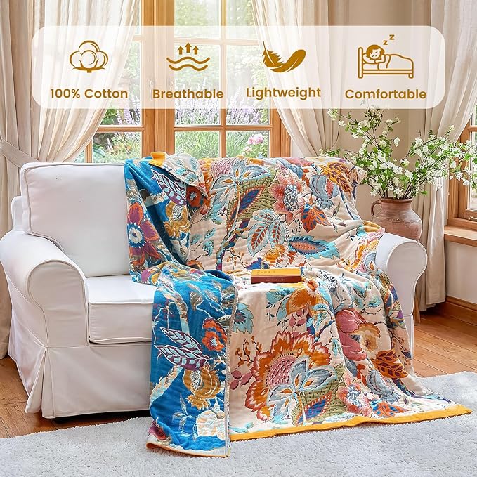 MSGKV Boho Throw Blanket 50"x60" 100% Cotton Floral Muslin Throw for Couch | 100 Cotton Throw, Floral Pattern, Reversible Woven, Summer Breathable, Lightweight Comfort, Farmhouse Decor, Machine Washable