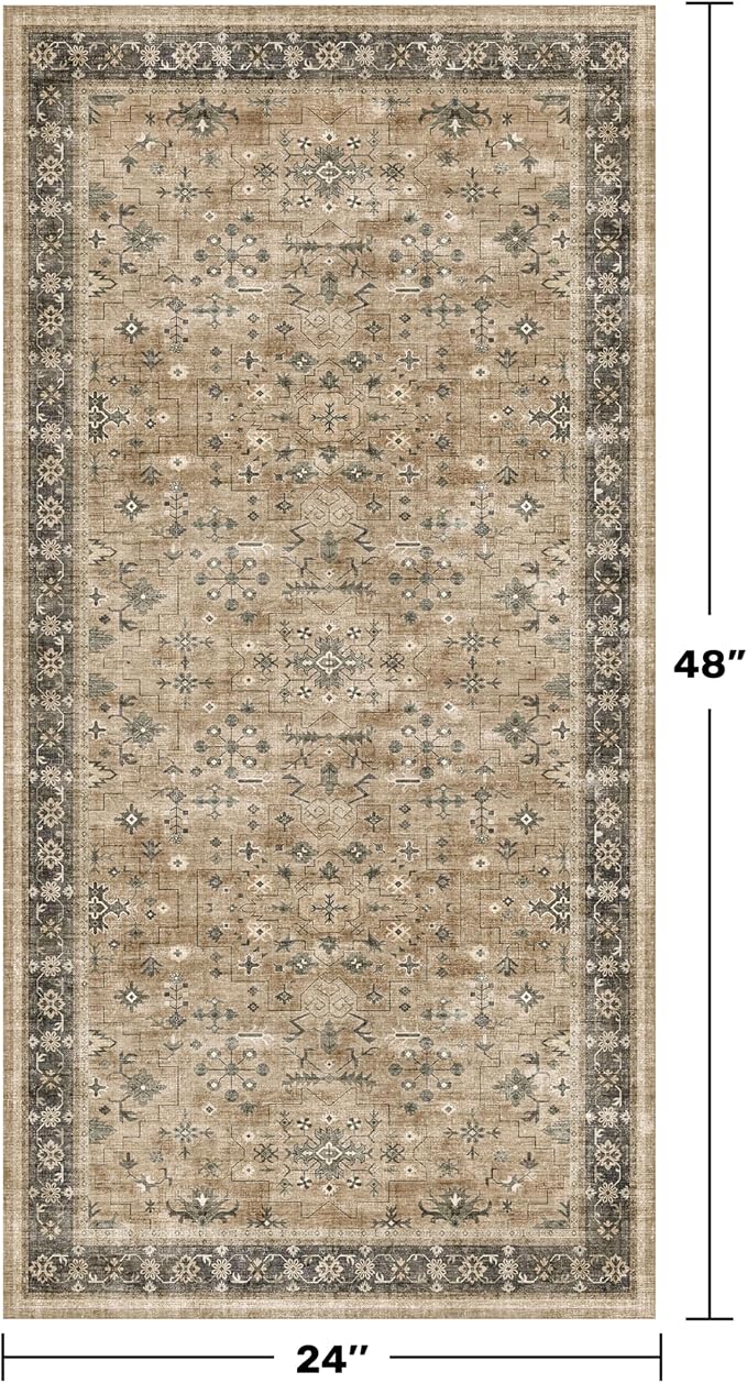 Vintage Boho 2x4 Area Rug for Entryway - Washable Taupe Sage Kitchen Rug for the Floor, Low Pile Non-Slip Rugs for Bathroom, Earthy Geometric Decor & Stain Resistance