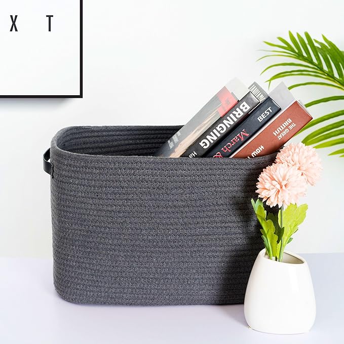 3-Pack Decorative Woven Storage Baskets for Shelves, Cube Bin Box for Organizing Books, Shoes, Dog Toys, Pantry Closet and Living Room Organizer, Charcoal / Black