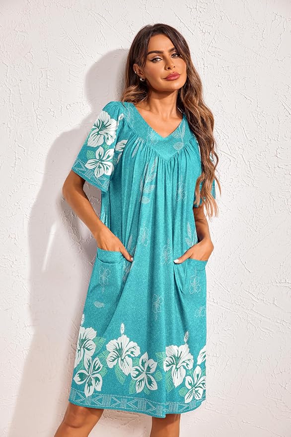 Ekouaer Womens House Dress Floral Print Nightgown with Pockets Mumu Dress