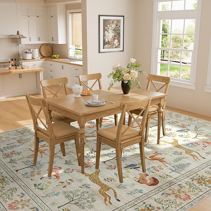 DUKINO 5x7 Area Rugs, Washable Animal Rug for Living Room Non Slip, Beige | Low Pile, Soft Indoor Carpet for Bedroom, Kids Room, Dining Room, Pet Friendly, Farmhouse, Stain Resistant, Non-Shedding
