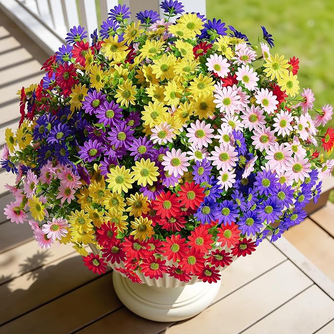 Alupssuc 20 Bundles Artificial Daisies Flowers Fake Silk Plant for Indoor Outdoor Decor, UV Resistant No Fade Faux Spring Flowers for Garden, Porch & Patio Decoration,Mixed 5 Colors