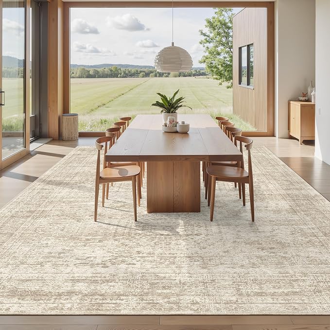 Soalmost 10x12 Area Rugs for Living Room Washable Rug Non-Slip Beige | Large Vintage Stain Resistant Carpet for Dining Bedroom, Low Pile Lightweight Foldable Floor Mat Nursery Home Office Decor