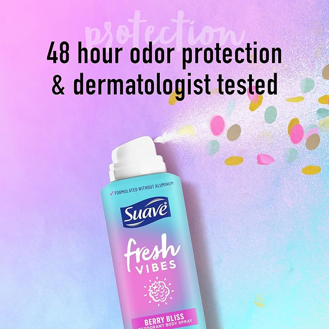 Suave Fresh Vibes Berry Bliss Body Spray, Aluminum Free 48 Hour Protection, Dermatologist Tested 4 oz