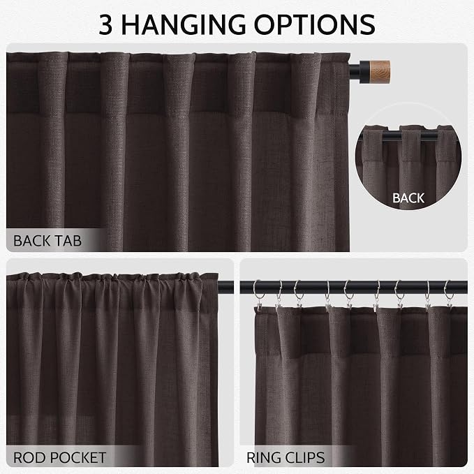 Cocoa Coffee Linen Curtains 90 Inch Long 2 Panels Set for Bedroom Living Room, Soft Linen Textured Window Drapes Semi Sheer Light Filtering Rod Pocket Back Tab Morden Style 52x90