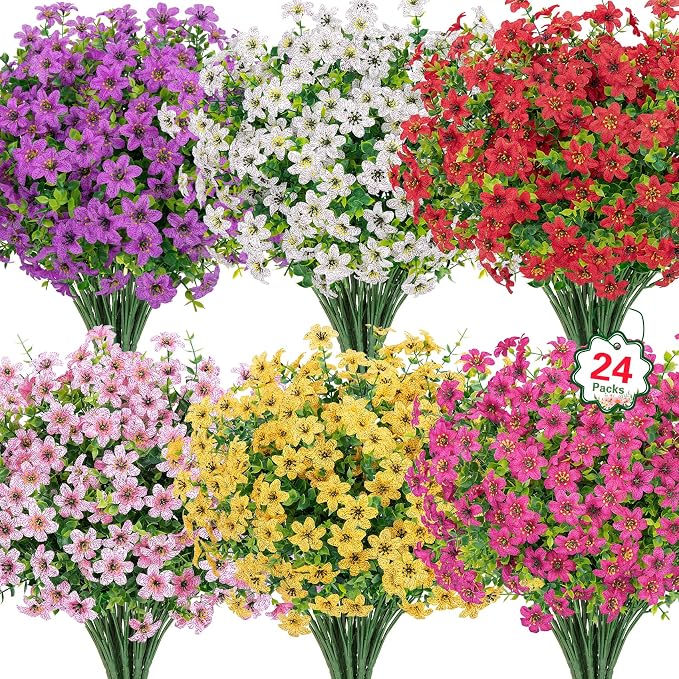 Ouddy Decor 24 Pcs Artificial Flowers for Outdoors Decoration, Multicolor | Fake silk flowers, UV resistant, faux plastic plant, for summer porch garden yard planter wedding indoor outdoor home decor