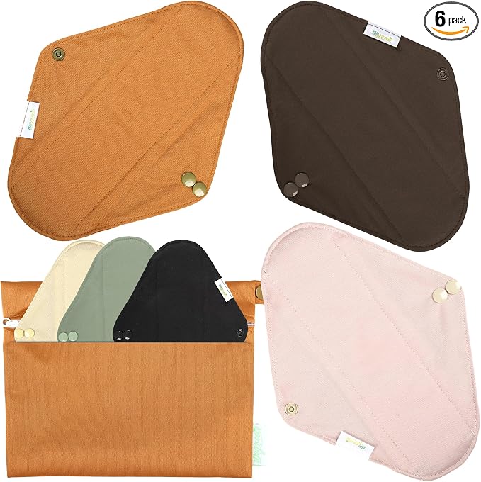 Wegreeco Cloth Menstrual Pads - Soft Washable Pads for Women - Reusable Panty Liners for Women - 6 Pack with 1 Cloth Mini Wet Bag (Large, Dark Coffee)