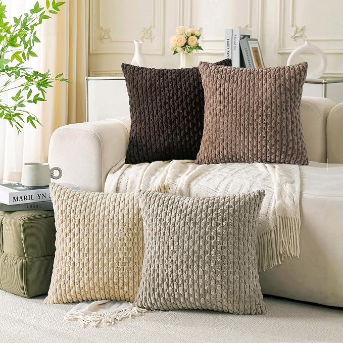 Set of 4 Beige Brown Coffee Decorative Throw Pillow Covers 16x16 Inch Corduroy Pillow Covers for Bed Couch Sofa Living Room Soft Square Cushion Cases