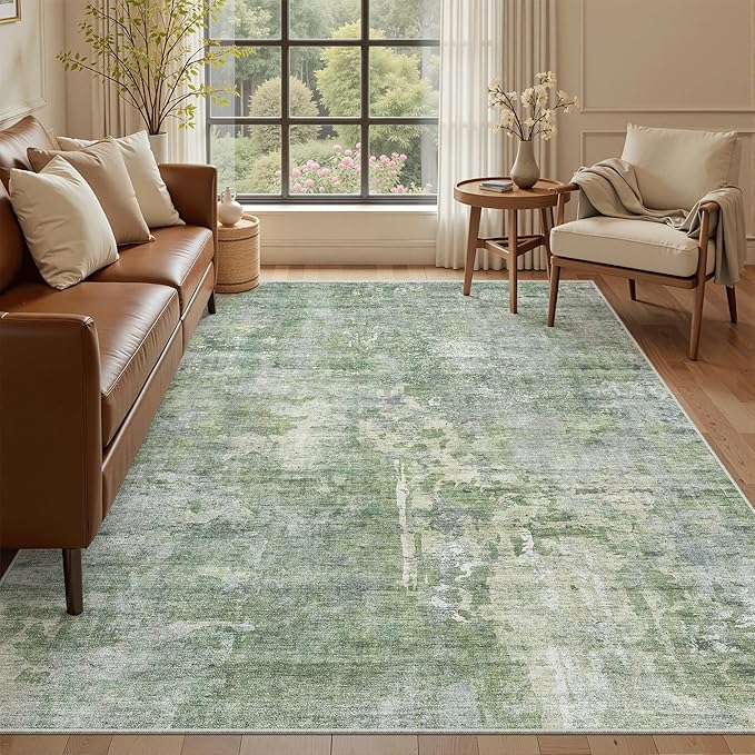 Soalmost Abstract 7x9 Area Rug for Living Room Washable Rugs Green/Ivory | Non-Slip Low-Pile Carpet for Dining Bedroom, Foldable Thin Vintage Stain Resistant Floor Mat Under Table Home Office Nursery
