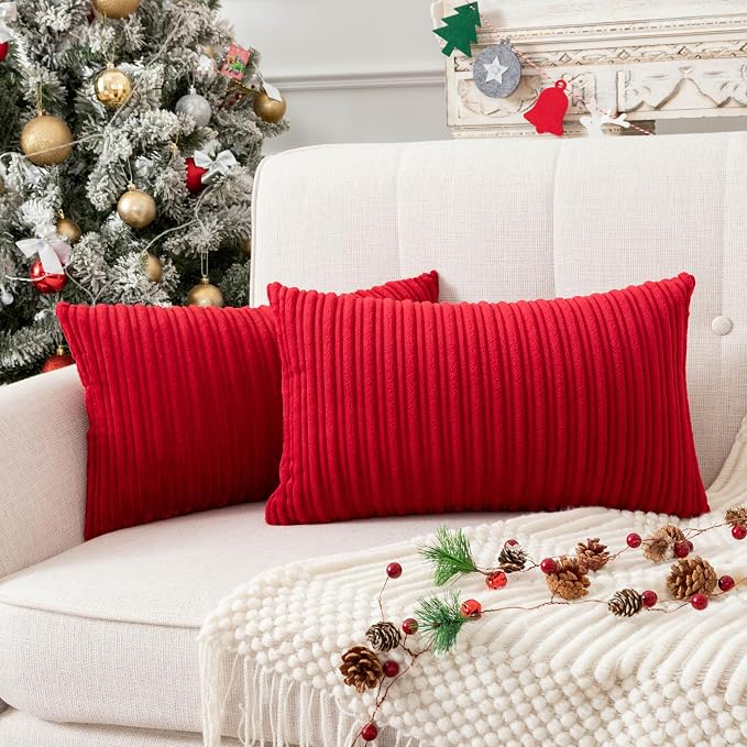 UGS UGASA Valentines Super Soft Plush Corduroy Pillow Covers Velvet Rectangular Striped Decor Cushion Cases for Livingroom/Couch, 1 Piece, 12"x20"(30x50cm), Burgundy