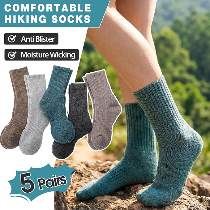 MOGGEI 5 Pairs Womens Merino Wool Socks Hiking Warm Winter Thick Thermal Crew Cozy Cabin Ladies Gift Comfy Boot Work Socks