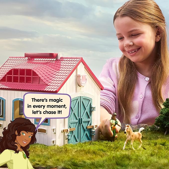 Schleich Horse Club - 60PC Little Horseshoe Open Stable Playset - Easy Carry Set with 2 Horse Figurines, Action Figure, Stable and Accessories - Toy Horses for Girls and Boys - Kids Ages 4+ | 42703