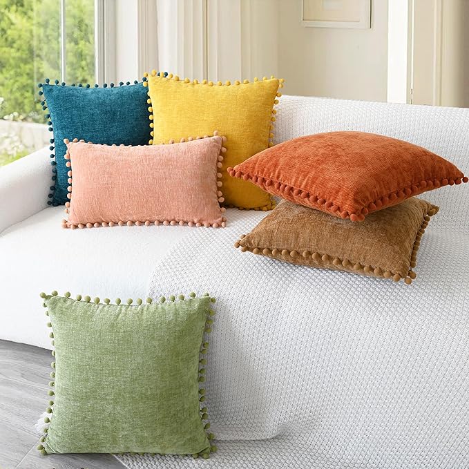 CaliTime Fall Decorative Throw Pillow Covers 20 X 12 Inches Burnt Orange | Pack of 2, Cozy Chenille Cushion Cases, with Pom Poms for Sofa Bed Living Room Farmhouse Home