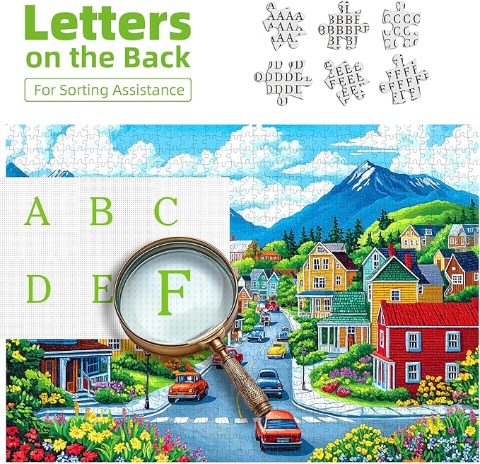 1000 Piece Jigsaw Puzzle for Adults - Colorful Mountain Town: Vintage Cars, Lighthouse & Flower-Lined Streets, 27.5x19.7 Inch Unique Art Puzzle, Challenging Hard Difficult Puzzles for Adults