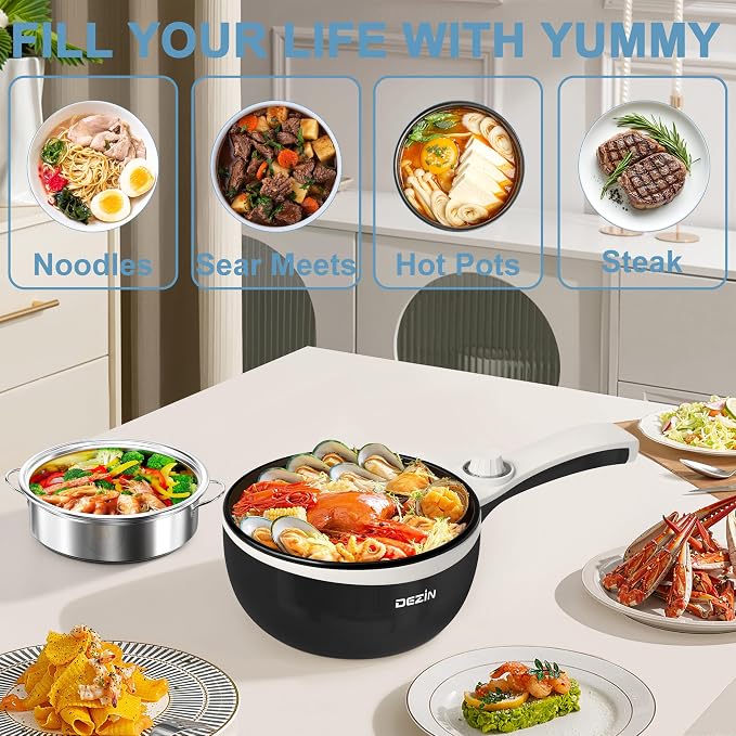 Dezin Hot Pot Electric with Steamer, 1.5L Non-Stick Portable Electric Pot | Dual Power, Upgraded 700W Electric Pot for Cooking Steak, Egg, Oatmeal, Ramen Cooker for Dorm, Travel, RV, Office, Black Pan