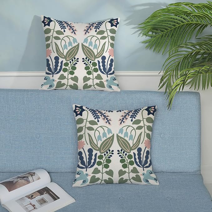 Boho Navy Blue Green Flower Pillow Covers 16x16 Inch Set of 2 Sage Green Floral Throw Pillows Vintage Flower Outdoor Pillowcase Linen Seasonal Decorations Farmhouse Cushion Case for Sofa Home
