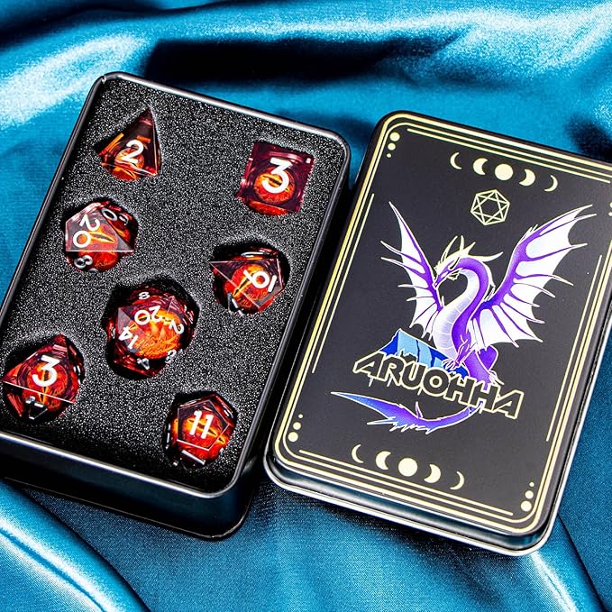 ARUOHHA DND Resin Dice Gazes Eye Dice Silver Red Liquid Core Flaming RPG Sharp Edged Dice Set with Gift Box, Polyhedral D and D Dice Set Compatible with Dungeons Dragons Role Playing Game D20 D6