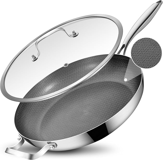 Inqibee 13 Inch Hybrid Ceramic Nonstick Chef's Pan with Lid | Tri-Ply Stainless Steel Skillet for 3-5 People, Scratch Resistant Surface, Induction Compatible, Dishwasher & Oven Safe