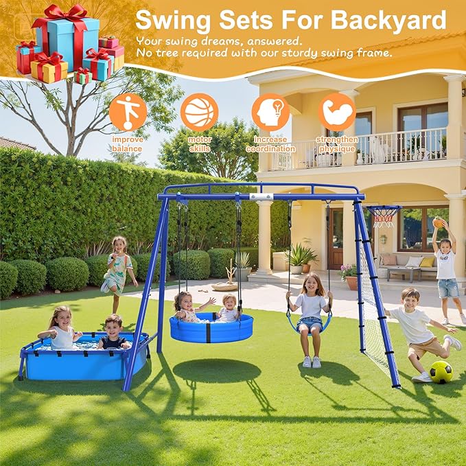 5-in-1 Heavy Duty Metal Swing Set with Sandbox for Backyard, 800 LBS Capacity, Reinforced A‑Frame, Sandbox, Cradle Swing, Basketball Hoop, Soccer Net for Kids, Toddlers & Adults